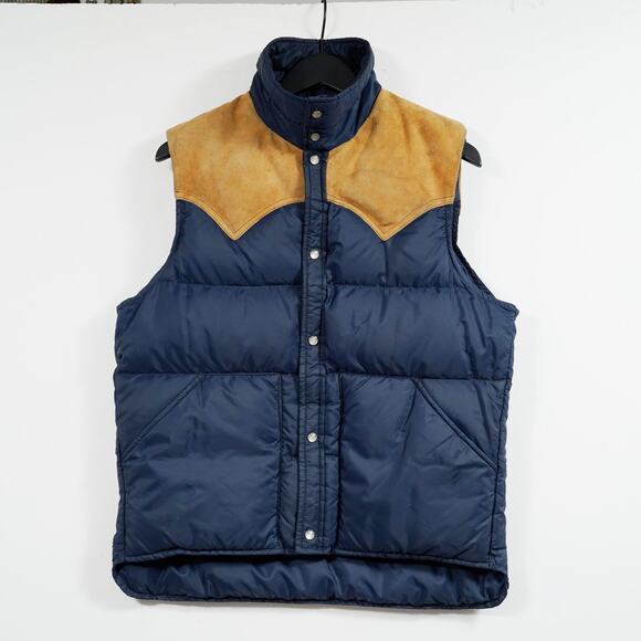 Vintage Woolrich Down Puffer Vest Suede Yoke Navy Brown Men’s Medium - Picture 2 of 11